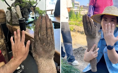 மனிதக் கை வடிவில் விளைந்த சேனைக்கிழங்கு! வைரலாகும் அதிசயக் கிழங்கு!